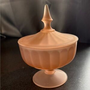 Elegant pink frosted glass pedestal candy dish with Lid